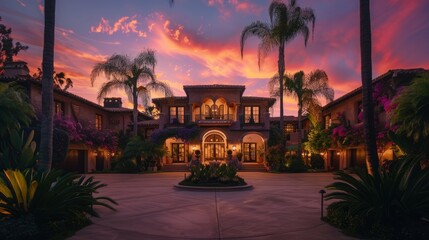 Luxury mansion during the golden hour, with pink and purple skies and lush plants,Exterior of a luxury villa at night with palm trees,Luxury mansion at night with palm trees in the foreground

 - obrazy, fototapety, plakaty