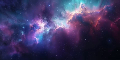 Gordijnen background with space,Clouds streak across the Milky Way, galaxy with stars on night starry sky Panorama view universe space,purple teal blue galaxy nebula cosmos banner poster background © Planetz