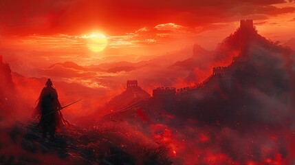 chinese warrior on the great wall of china - obrazy, fototapety, plakaty