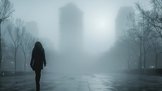 woman in a foggy city