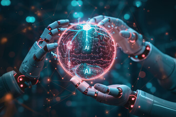 A robot hand and a human hand hold a ball with a brain inside, and "AI" is written on the brain.