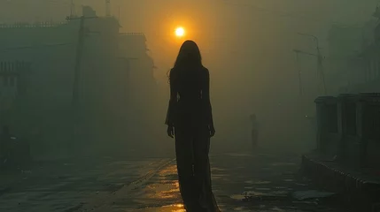 Fotobehang woman in a foggy city © Aliaksei