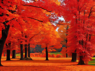 colorful autumn landscape with trees displaying a range of vibrant red, orange, and yellow hues