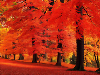 colorful autumn landscape with trees displaying a range of vibrant red, orange, and yellow hues