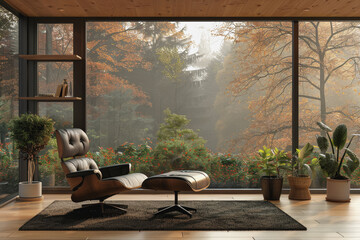Cozy and comfortable minimalist living room, by the floor-to-ceiling window. - obrazy, fototapety, plakaty