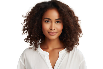 Smiling black woman in her 20s wearing a white shirt, transparent background