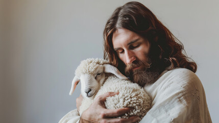 Gentle Embrace of Jesus in White Robe Holding a Lamb in Serenity.