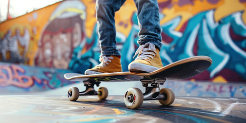 Unrecognizable hipster balancing on board. Hobbies of youth young people concept. Close-up feet in sneakers of teenager riding skateboard in skatepark. Active skater legs practicing skateboarding