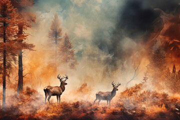 A herd of wild animals sprint through a forest, escaping a raging fire. The urgency and speed of their movement is evident