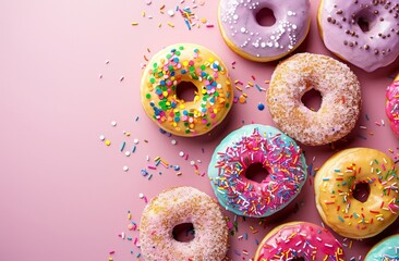 Donuts with colorful glaze and sprinkles on a pink background.  pink and yellow donuts on a white background - obrazy, fototapety, plakaty