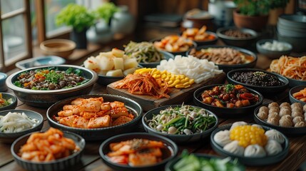 Variety of Korean food Served on the dining table Suitable for illustrations, articles, or cooking content.