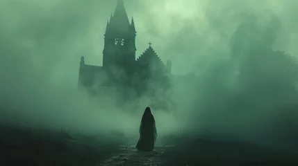 Deurstickers nun in the fog near the church © Aliaksei