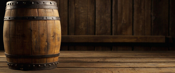 wooden barrel with wine on wooden background
