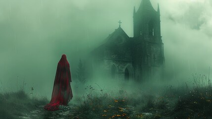 nun in the fog near the church - obrazy, fototapety, plakaty