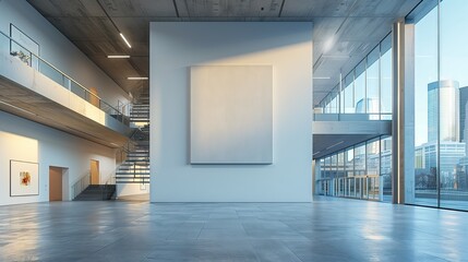 Square canvas frame on white wall in the exhibition room