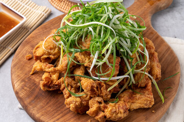 Korean, chicken, fried, chicken, seasoning, spicy, fried, sauce, green onion