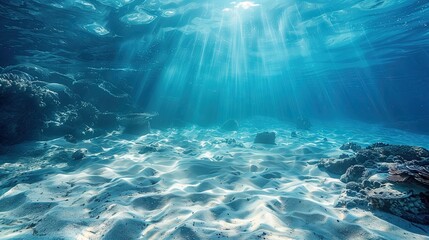 Sunlight breaks through the surface of the water and falls beneath the blue sea. Sea waves and clean water in summer.