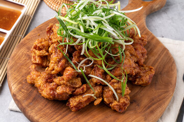 Korean, chicken, fried, chicken, seasoning, spicy, fried, sauce, green onion