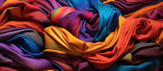 This image shows a stack of vibrant cloths in various colors piled on top of each other. The fabrics appear to be neatly folded or layered, creating a visually striking composition.