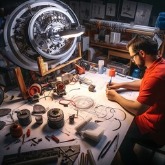 A man is working on a project with a lot of tools and equipment