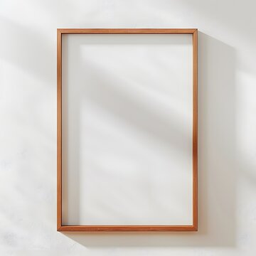 Wooden frame mockup on white wall. Poster mockup. Clean, modern, minimal frame. Empty frame Indoor interior, show text or product