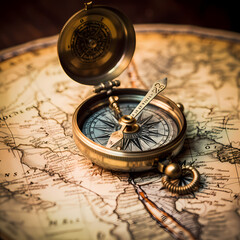 A vintage compass on a weathered map. - obrazy, fototapety, plakaty