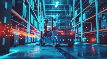 Forklift doing storage in warehouse by artificial intelligence automation - obrazy, fototapety, plakaty