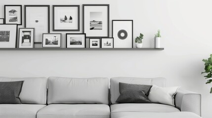 Modern Minimalist Living Room Decor with Gray Sofa and Black & White Photos.