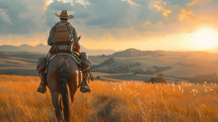 A cowboy on a horseback journeying across a golden field under a vibrant sunset sky