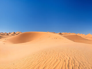 Fototapeta na wymiar A panoramic shot of a vast desert with towering sand dunes and a clear blue sky.