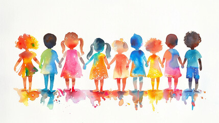 A Watercolor Painting of a Diverse Group of Children Holding Hands