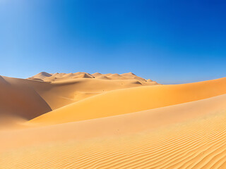 Fototapeta na wymiar A panoramic shot of a vast desert with towering sand dunes and a clear blue sky.