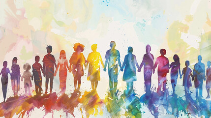 A Watercolor Painting of a Diverse Group of People Holding Hands