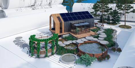 Bauplanung eines Einfamilienhauses in Scheunen-Architektur mit Photofoltaik und Gartengestaltung - 3D Visualisierung