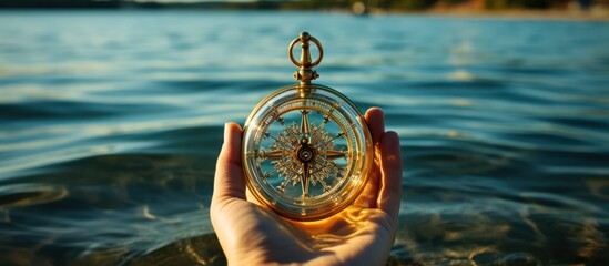 View of woman's hand with compass on beautiful sea landscape background