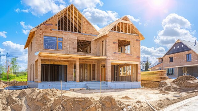 The construction site of a single-family home. Build a brick house with a wood roof truss,unfinished plywood house woden frame new wall wood
