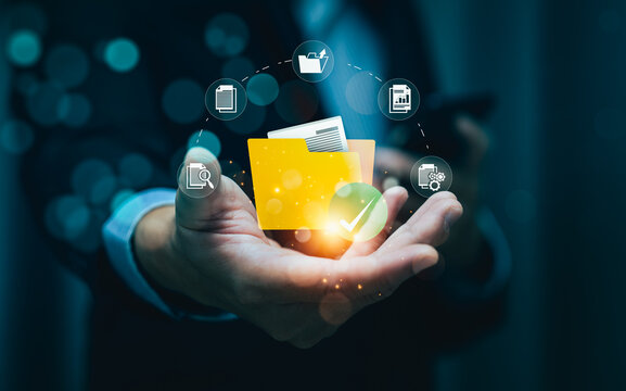 Document management system concept, software system for managing documents, information, organization. stores, searches, shares, controls data access, boosting efficiency and reducing data loss risks.