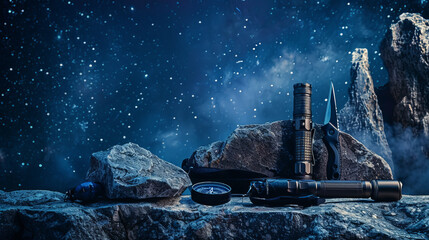 A composition of tactical equipment with a folding knife, flashlight, and compass against a starry background image