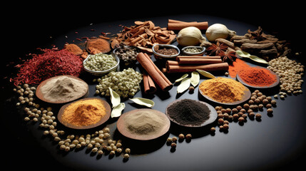 Assorted Spices on Wooden Plate