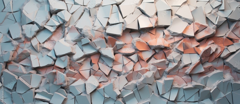 Poster the wall is covered with an assortment of broken and cracked ceramic tiles. the tiles are in various