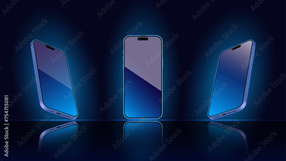 Poster smartphone mockup in different angles with editable screen. front and perspective side view. templat