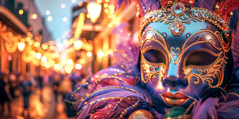 Carnival in Venice with Masks and Festive Lights. - obrazy, fototapety, plakaty