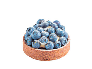 Blueberries mini tart on transparent white background. Fresh blueberry tart as summer food concept isolated on transparent background