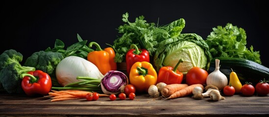 A variety of fresh vegetables such as cucumbers, carrots, garlic, cabbage, and red peppers are spread out on a table, ready to be prepared for cooking.