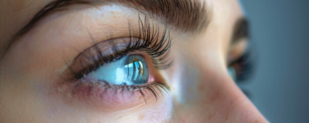 Fototapeta premium A close-up view of a womans eye showcasing long, fluttery lashes enhanced with eyelash extensions and makeup in a beauty salon