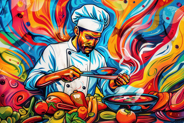 Culinary Creation: A Vibrant Chef in a Whirl of Colorful Kitchen Artistry

