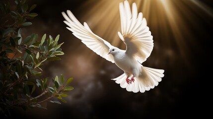 Fototapeta premium Dove descending with olive branch symbolizes empowerment, tranquility, and hope for peaceful resolutions in times of conflict and adversity. 