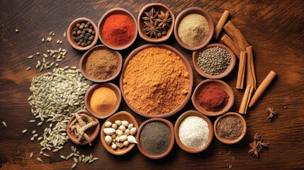 Obraz na płótnie Canvas Assorted Spices and Herbs on Wooden Table