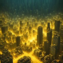 matrix inspired yellow cityscape skyscrapers illustration background