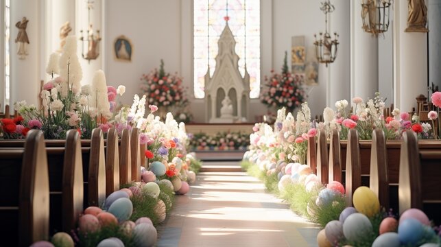 The Easter church celebration sees the church adorned with festive decorations, creating a joyful and reverent atmosphere for worshippers.
